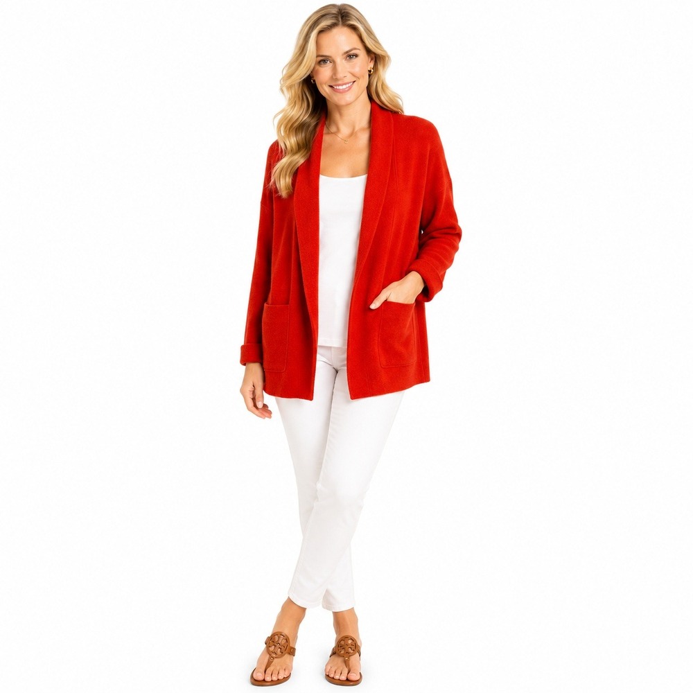 Eileen Fisher Cardigan Womens M Orange Boiled Wool Shawl Collar Open Front F16BW
